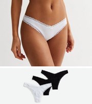 New Look 3 Pack Black and White Ribbed Cotton V Front Lace Trim Thongs